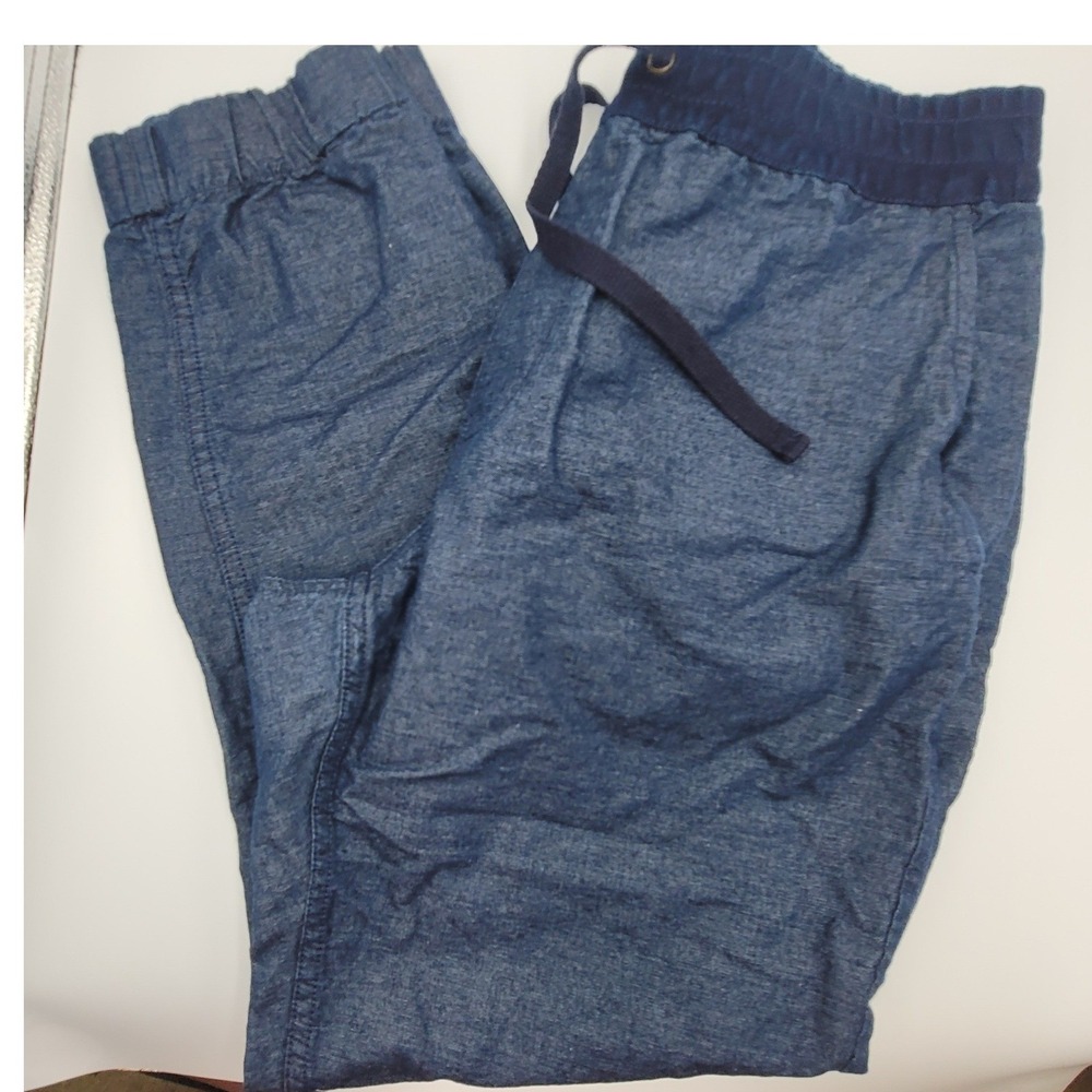 Blue Chambray Jogger Pants Elastic Waist Drawstring Casual Trousers Women